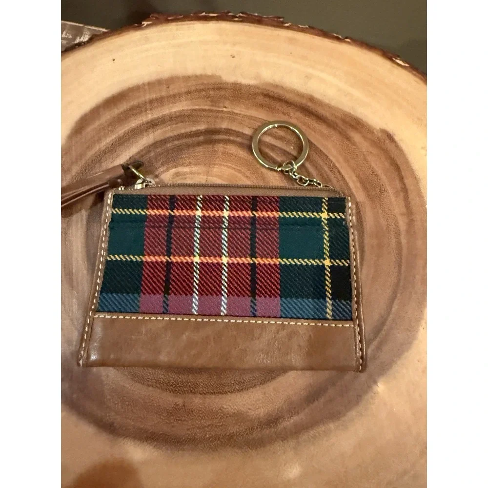 Coach Y2K Holiday Mini Wool Tartan Plaid Zip Card Case Keychain Brown Leather